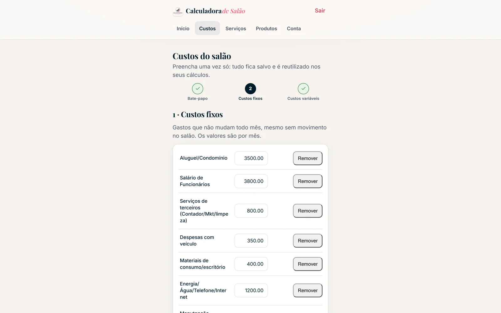 Tela de Custos do salão, com o passo a passo do preenchimento