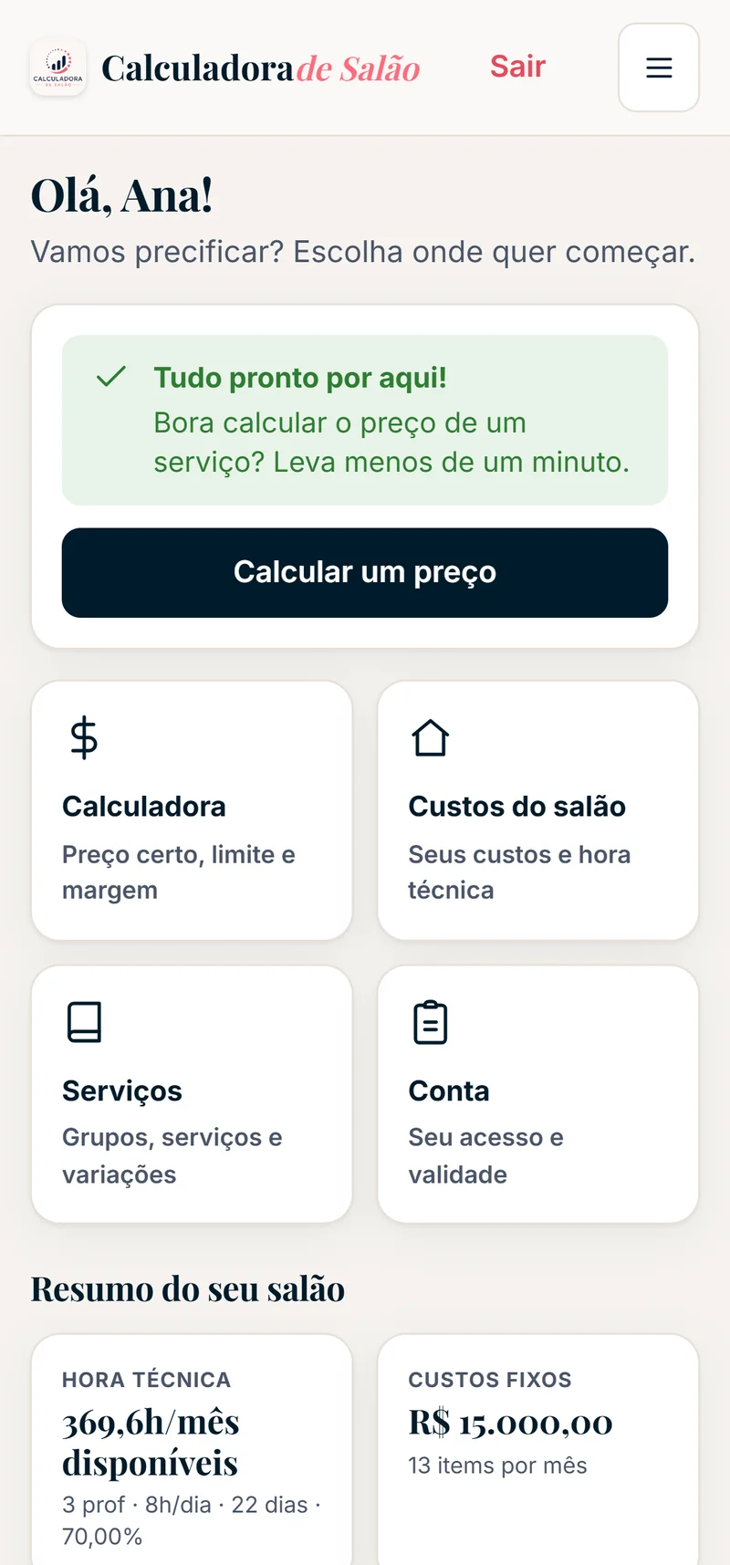 Tela inicial da Calculadora Lucrativa, com o resumo do salão e o atalho para calcular um preço