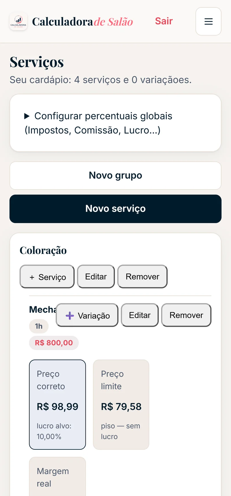 Tela de Serviços da Calculadora Lucrativa, com o preço correto, o preço limite e a margem real de um serviço